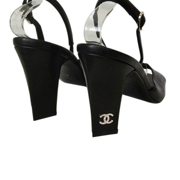 Chanel 24P CC Slingback Heel Sandal Size 38 US 7 7.5 Black Leather Block Heel - Picture 5 of 14